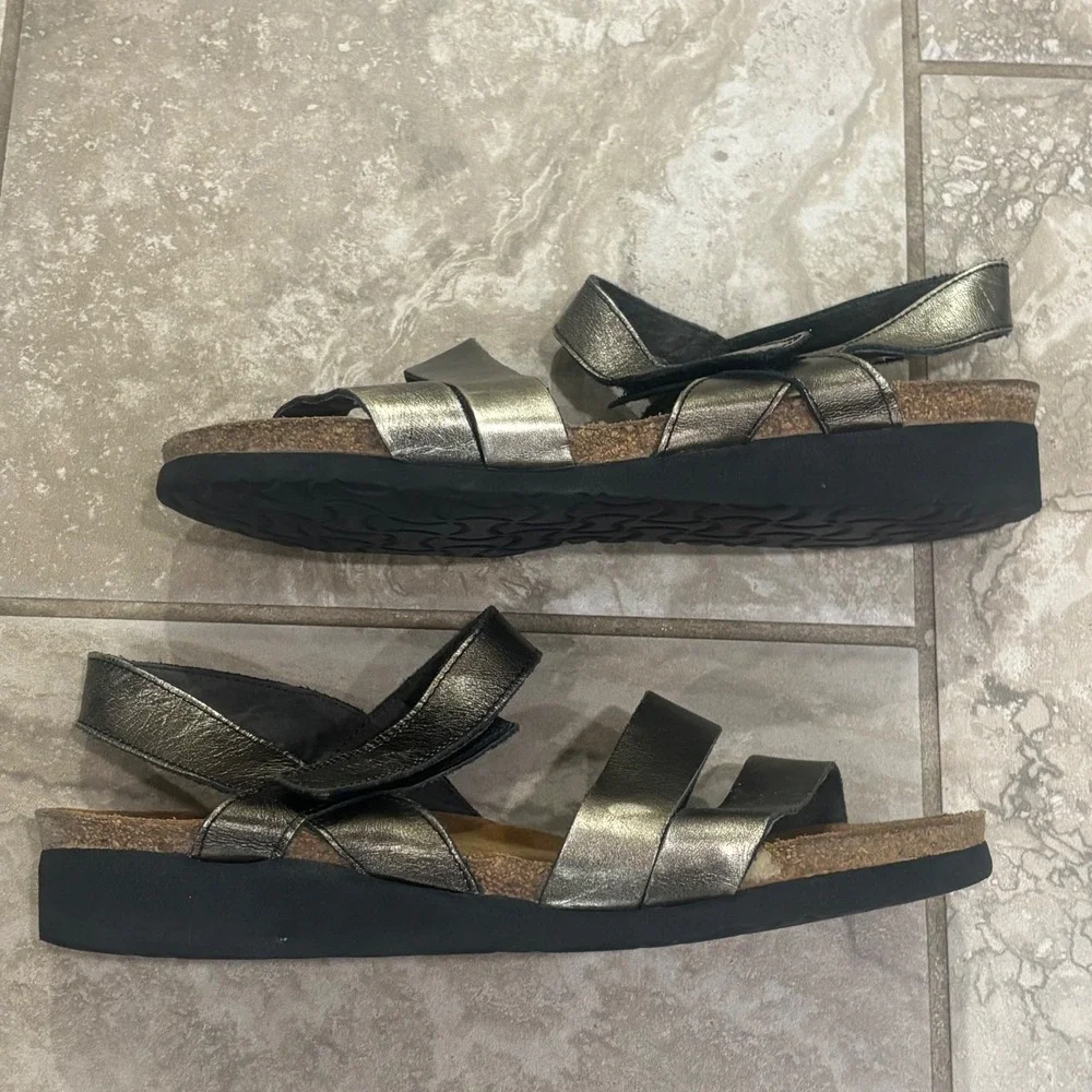 Naot Kayla Metallic Pewter Leather Strappy Slingback Comfort Sandals Womens L10